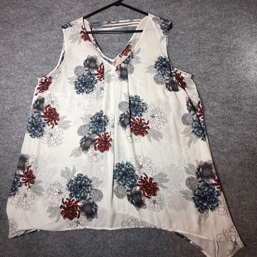 Daniel Rainn Womens 2Xβ Floral V-Neck Sleeveless Blouse Sharkbite Hem White